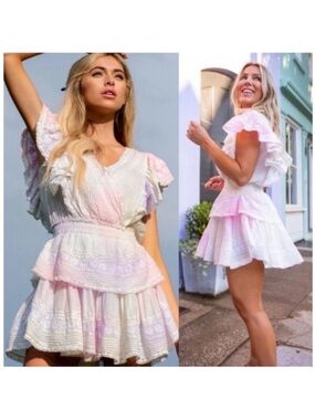 New! LoveShackFancy Gwen Tie Dye Lace Ruffle Cotton Mini Dress in Pink White